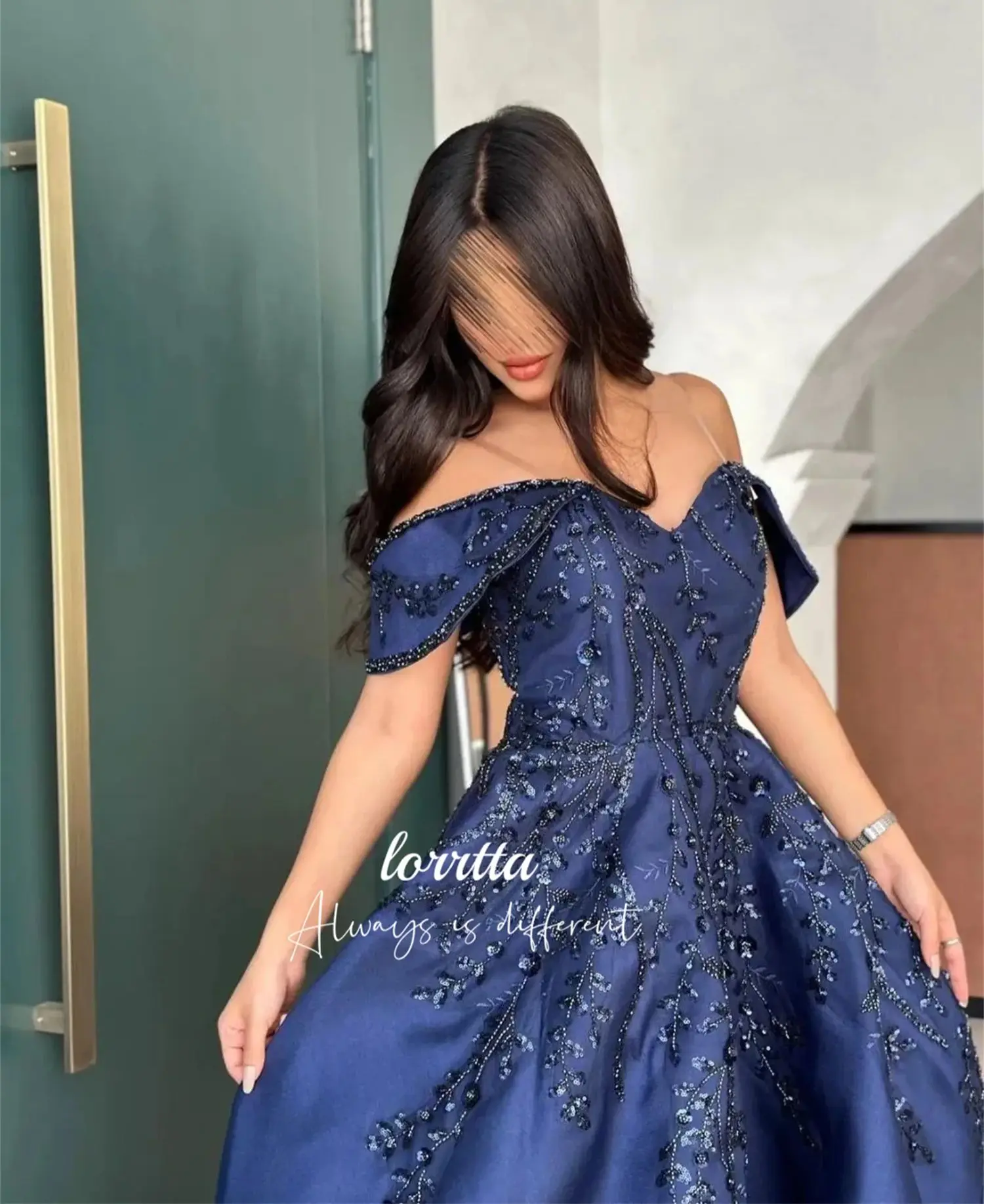 Dark Blue Line A Bead Embroidery Fabric Satin Customized Dress Evening Elegant Womens Party Dresses for Formal Occasions Luxury