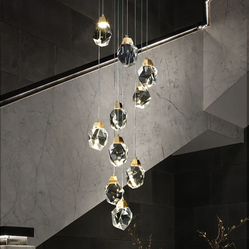 Luxury Diamond Crystal LED Pendant Light Large Staircase Chandelier Golden Lustre Hanging Lamp for Living Room Hall Home Decor