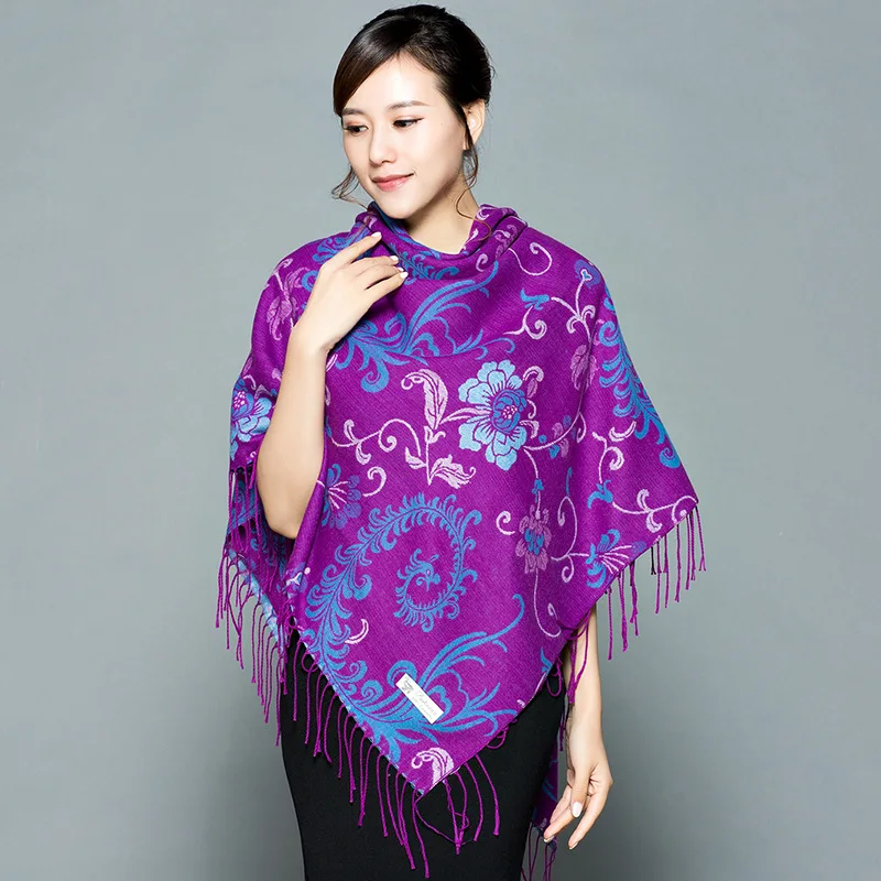 Thickened imitate Cashmere Shawl Scarf Two-In-One Women's Autumn Winter  Ethnic Style Phoenix Tail Flower Ladies' Wrap 1
