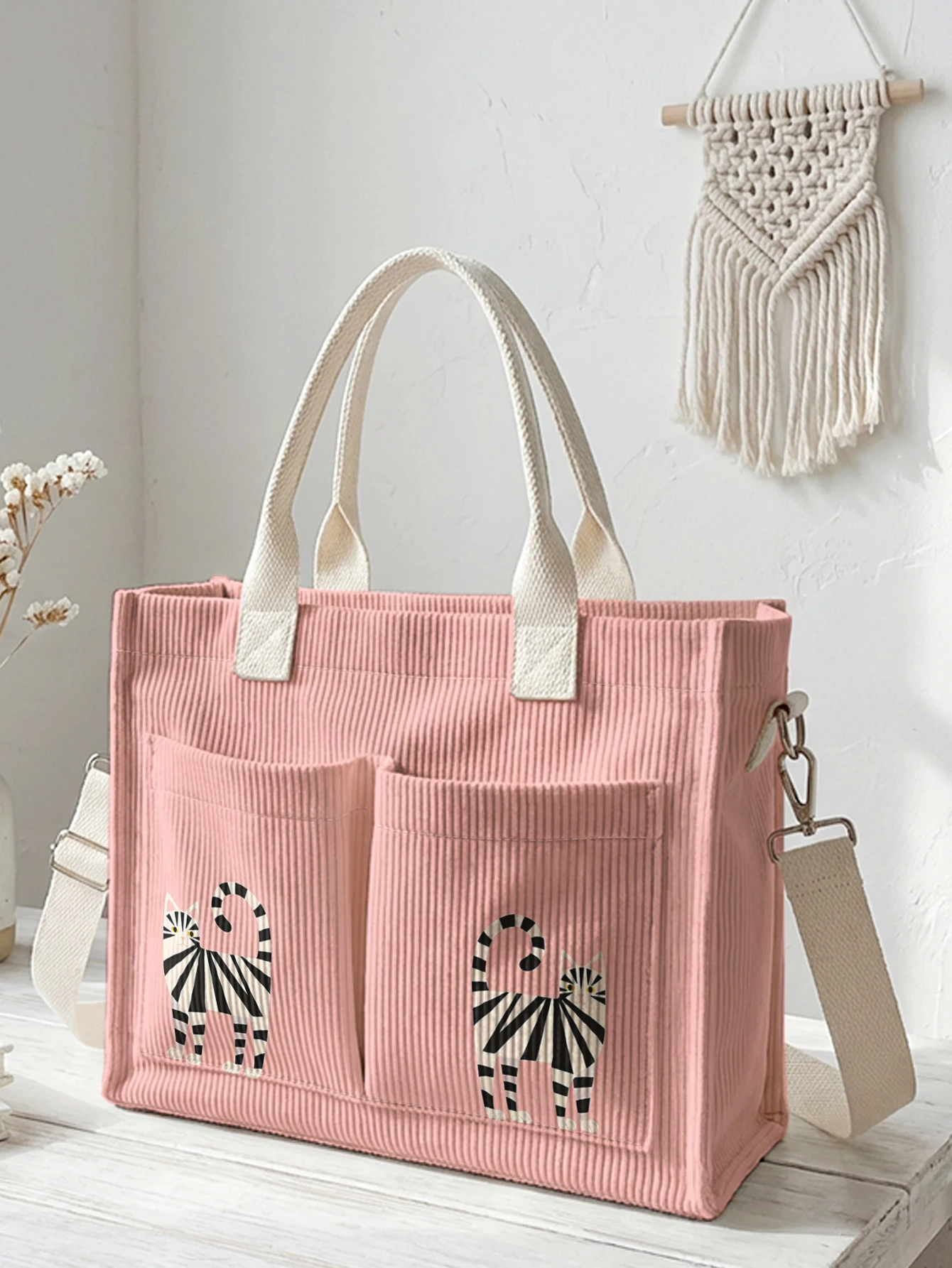 

Pink Geometric Striped Cat Print Corduroy Tote Bag Large Capacity Multi Pocket Commuter Shoulder Bag