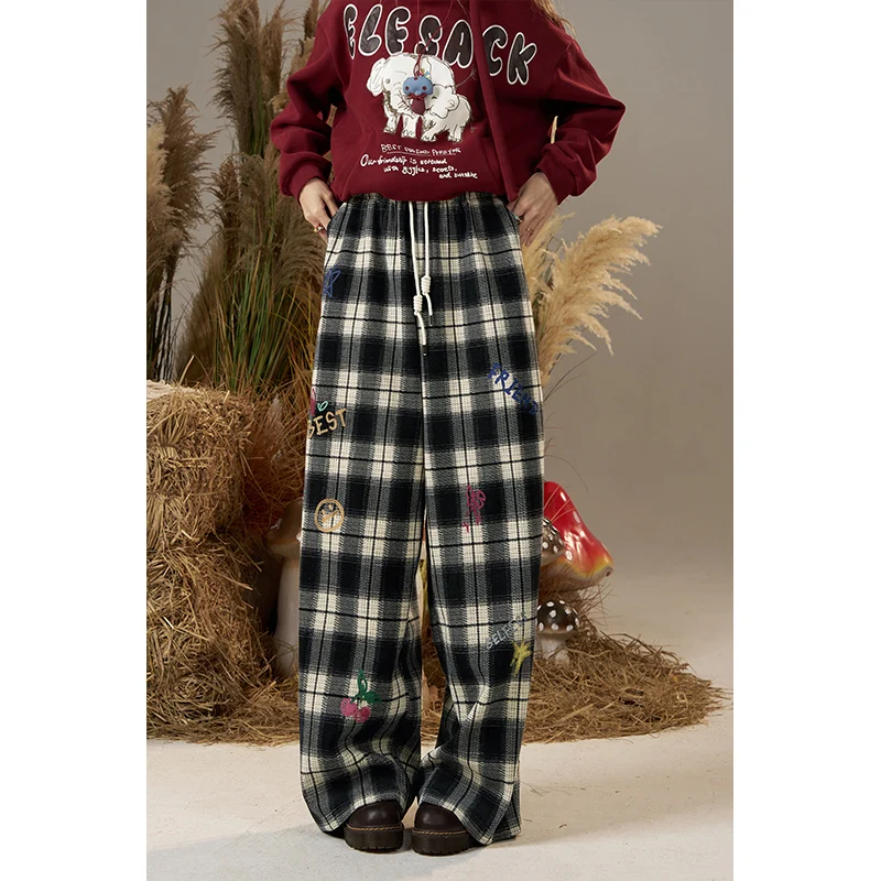 

ELFSACK 2025 Winter New Arrivals Casual Loose Fit Plaid Cartoon Embroidery Pants For Woman