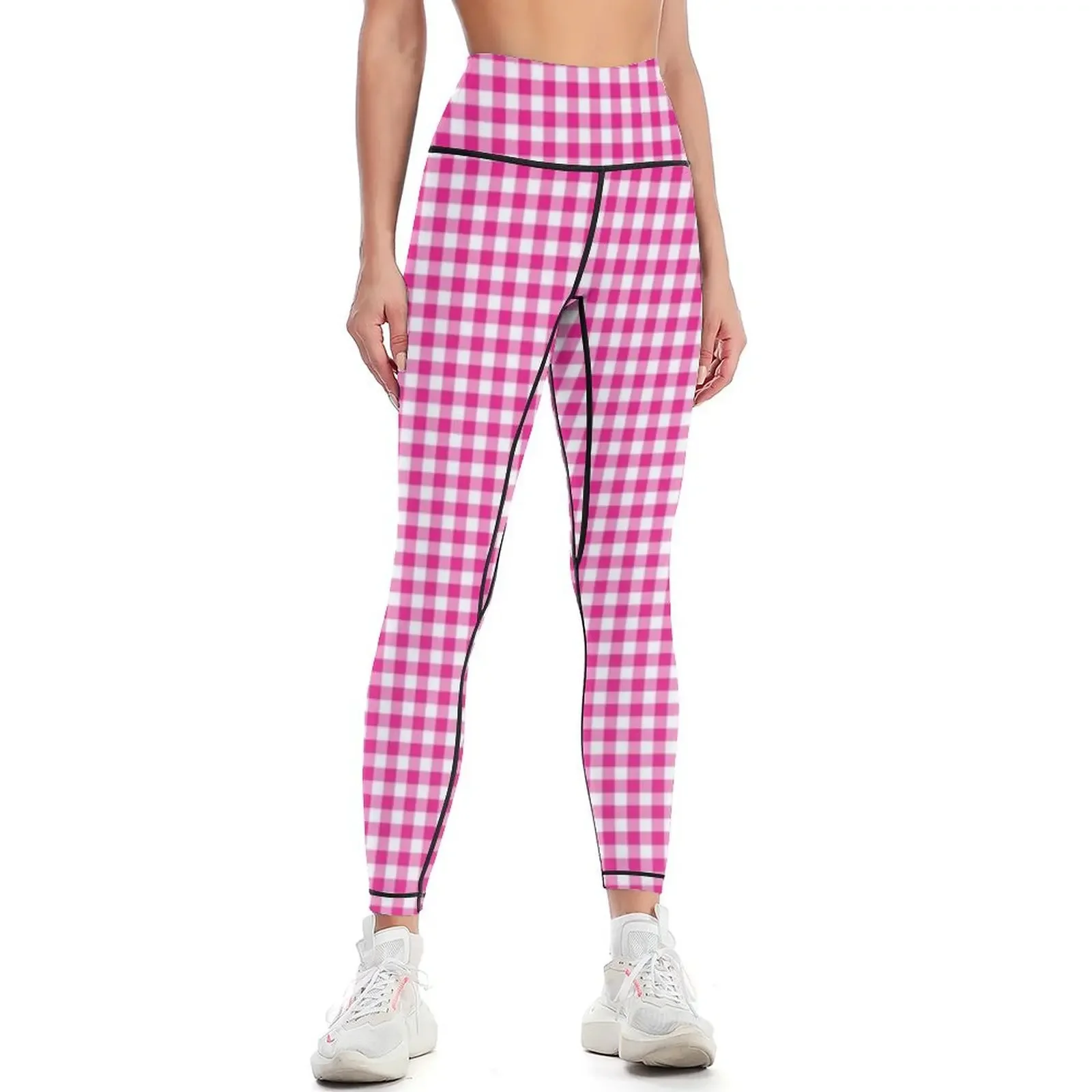 

Fuchsia White Gingham Check Leggings joggers for gym top sport set Womens Leggings