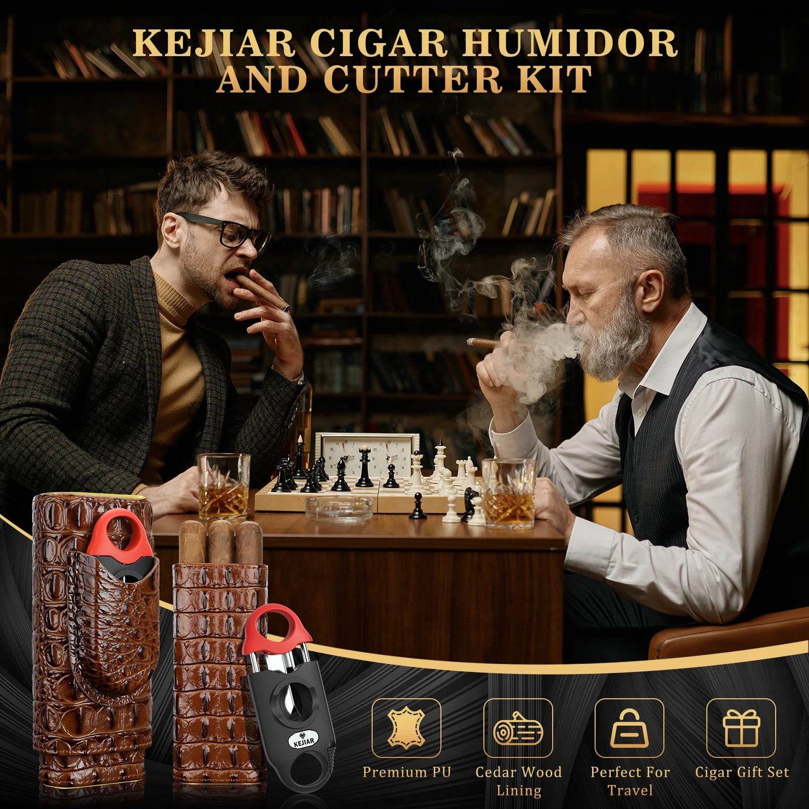 Travel Cigar Case Cigar Humidor with Multifunctional V Cutter,Cedar Wood Cigar Humidor Box with Gift Box,Portable for 3 Cigars