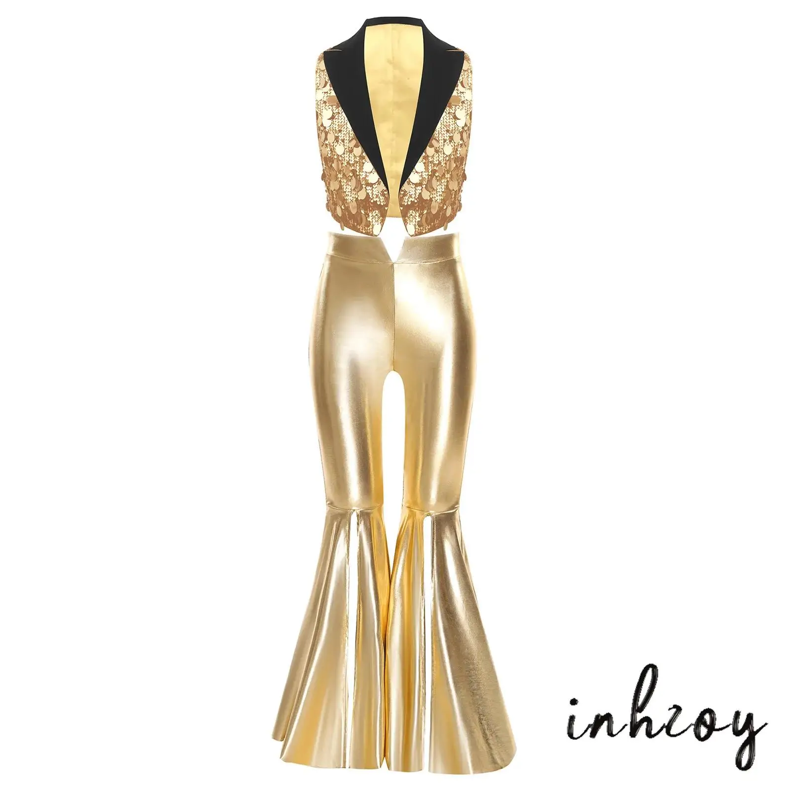 

Kids Stage Jazz Costume Color Block Sequin Vest V Neck Lapel Open Front Crop Top And Shiny Metallic Pants Girls Ballet Dancewear