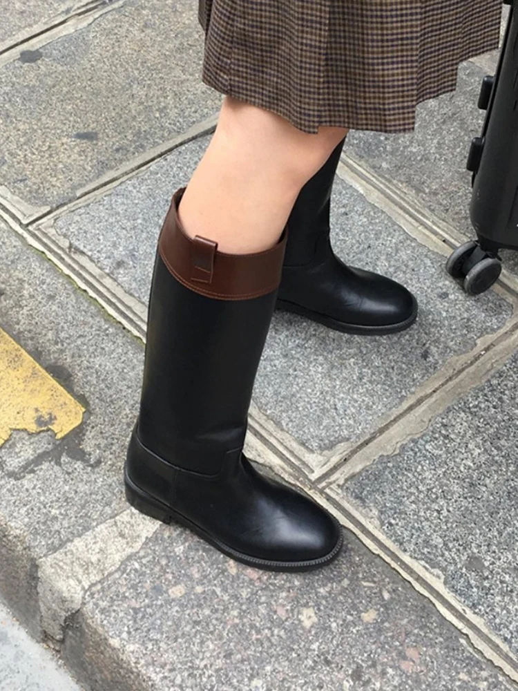 

Korean Style High Tube Knight Leather Booties Color Block Chunky Heel Fashionable Retro Design for Young Women All Seasons