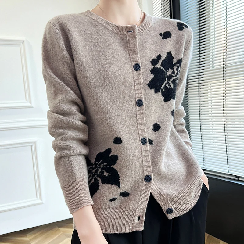 

100% merino wool cardigan New cashmere sweater women's round neck cardigan in autumn and winter warm soft knit bottoming top