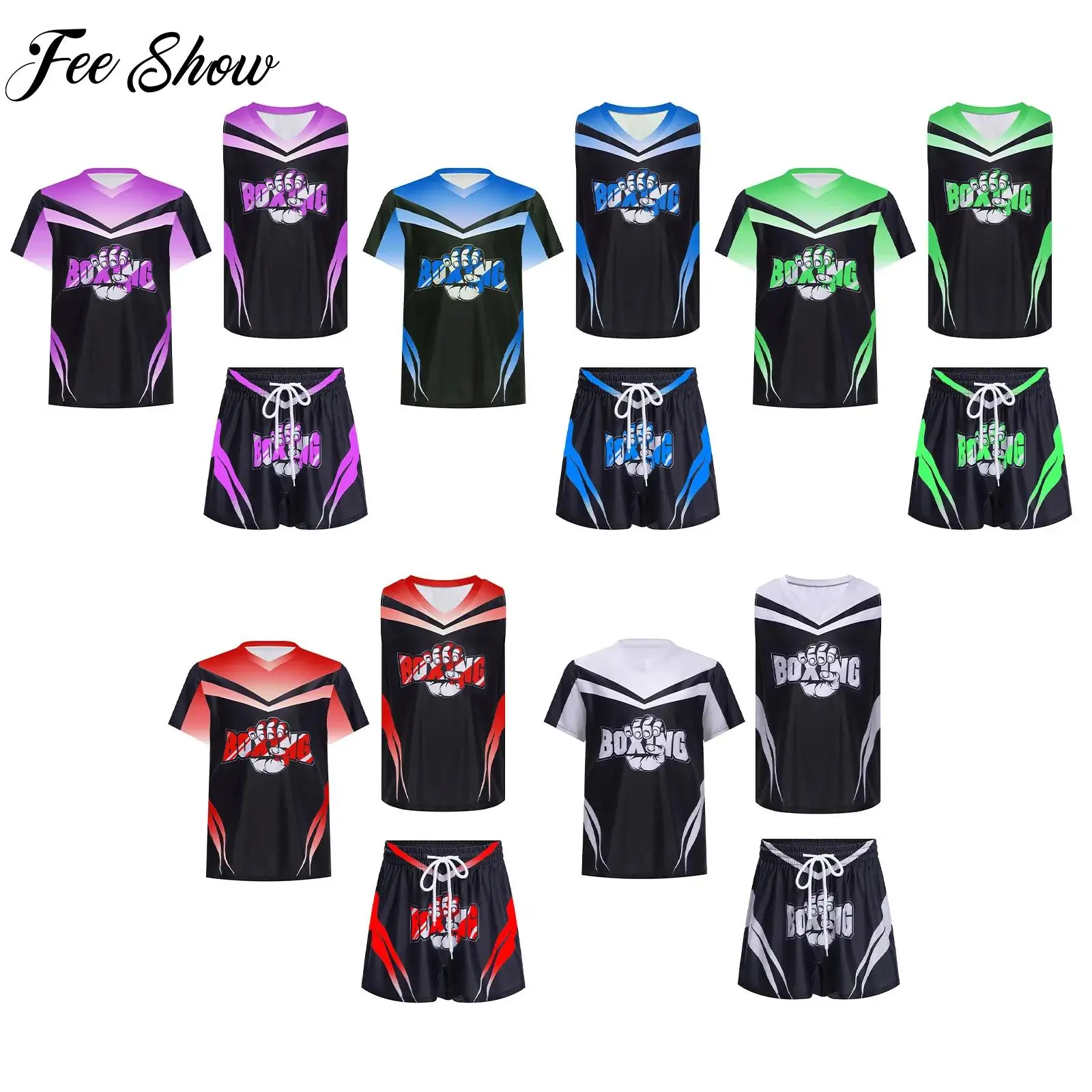 

Muay Thai Shorts MMA Outfit Kids Boys Boxing Training Martial Arts Costume Outfit Color Block Sleeveless Vest+T-shirt+Shorts Set