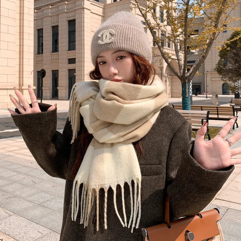 Blue men's plaid scarf warm and versatile autumn and winter student couple Korean long tassel scarf for girls