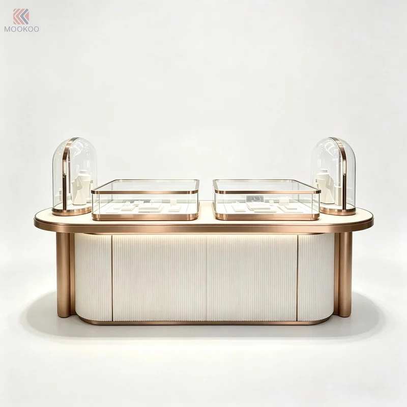 custom.MOOKOO Luxury White Rose Gold Jewelry Display Counter Glass Jewellery Showcase Jewelry Boutique Shop