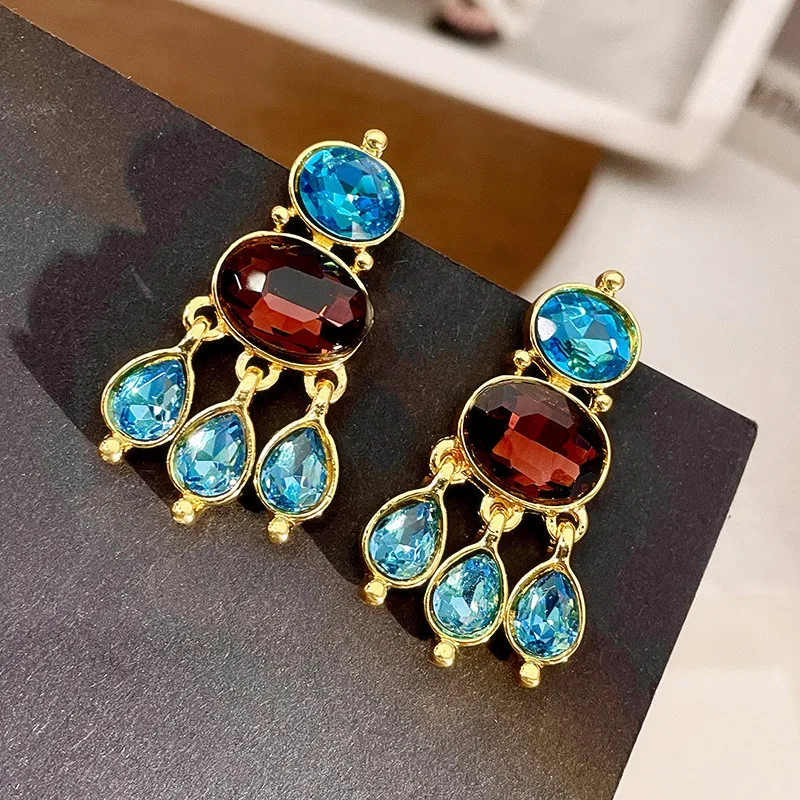 Luxury Baroque Style Crystal Tassel Drop Earrings For Women Personality New Oval Blue Waterdrop Pendientes