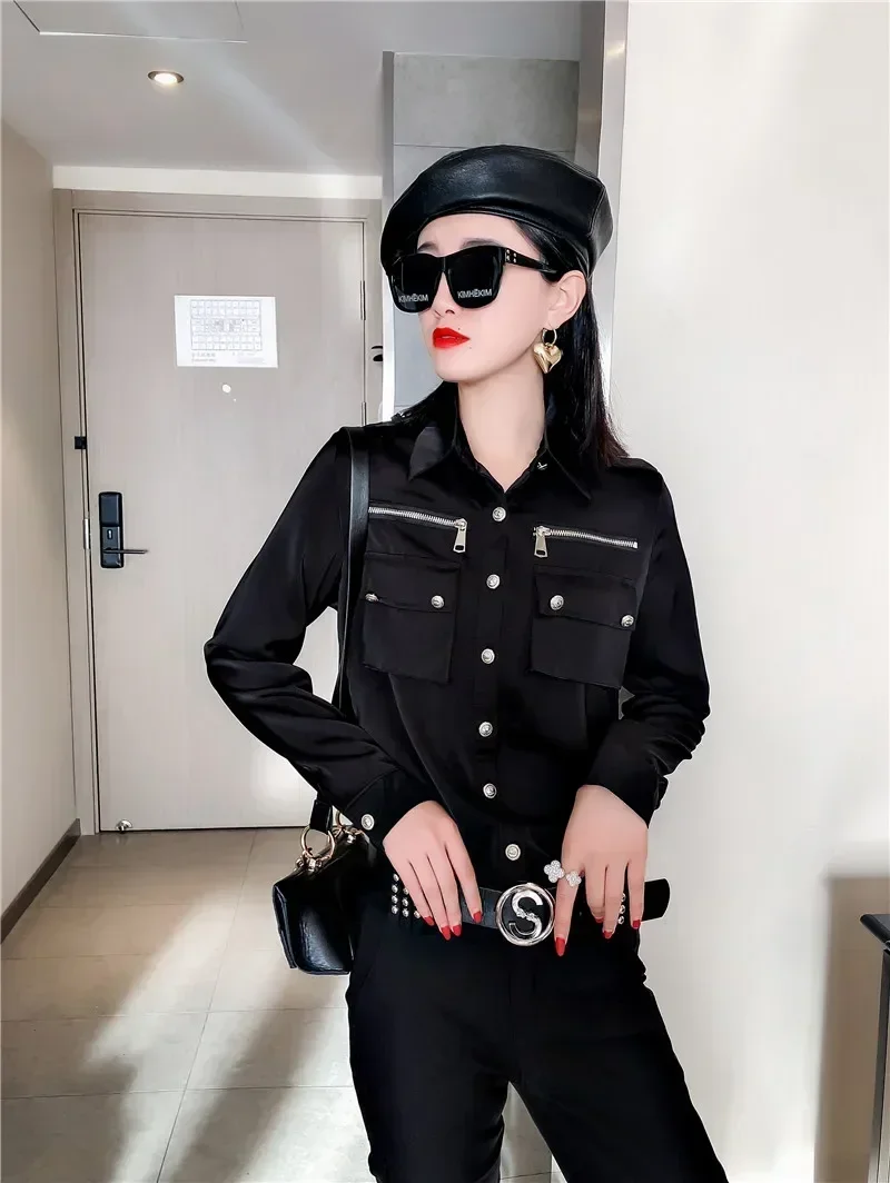 Camisa de satén con bolsillos para mujer, Tops de satén con cremallera, camisas de satén negras para oficina para mujer, otoño