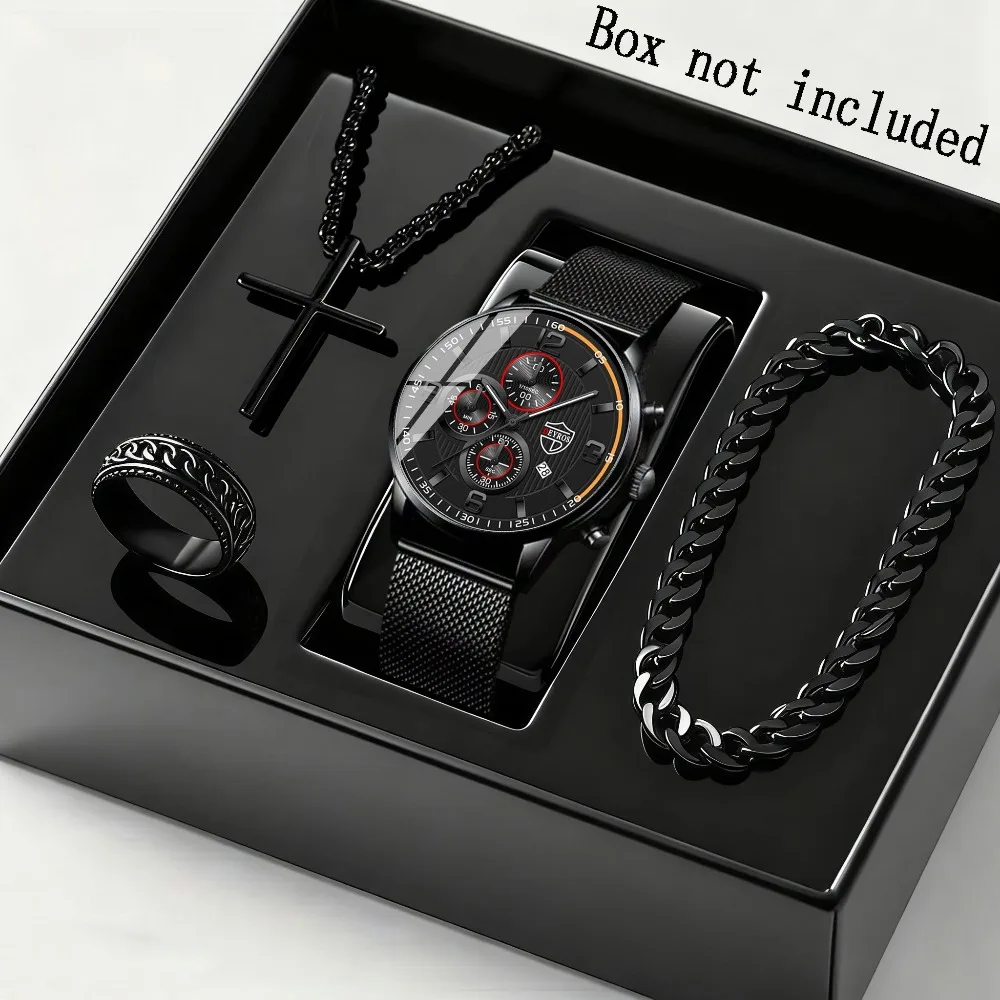 4pcs/ Set Men'S Stainless Steel Quartz Watch & Jewelry Set | Casual Watch | Business Watch | Bracelet for Men | Cross Necklace