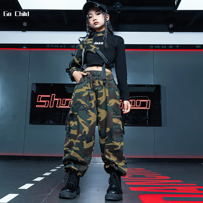 Girls Hip Hop Sweatshirt Cuff Camouflage Cargo Pants Outfits Children Joggers Street Dance Kids Streetwear Costumes Sportwear