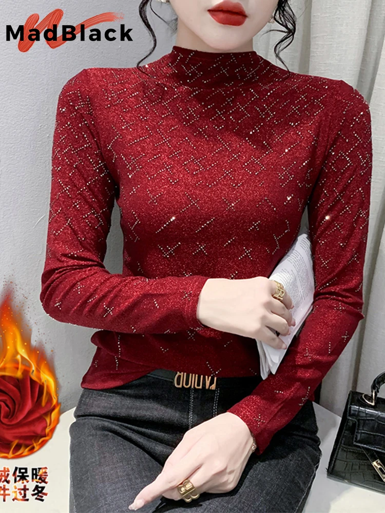 MadBlack European Clothes Tshirt Women Thicken Fleece Mock Neck Shiny Diamonds Slim Tops Long Sleeve Tees Autumn Winter T3N629JD