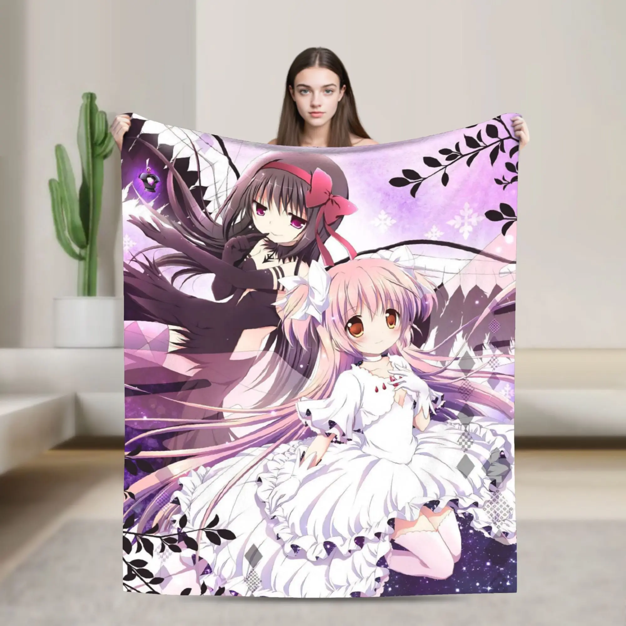 Puella Magi Madokas Magica Blanket Cover Fleece Homura Akemi Kaname Lightweight Throw Blankets for Car Sofa Couch Bedroom Quilt