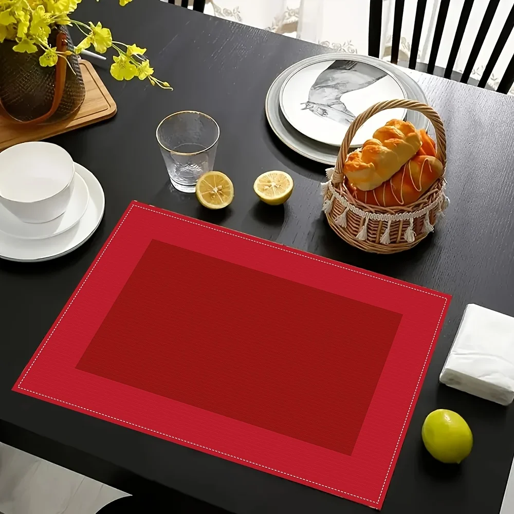 

Red border solid placemat linen fabric simple elegant design washable table mat kitchen dining decor home modern supplies