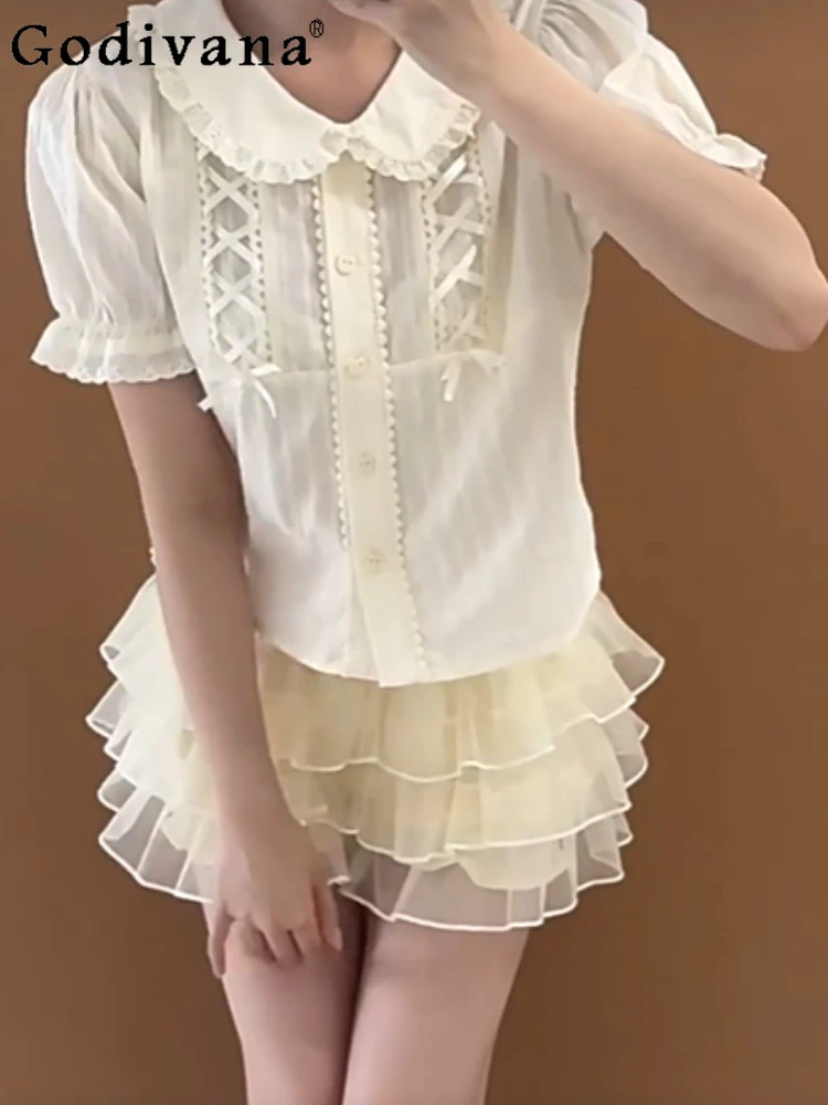 

Japanese Girly Doll Collar Loose Short-sleeved Lace Shirt Lolita Sweet Cute Girly Cotton Daily Commuter Summer Top