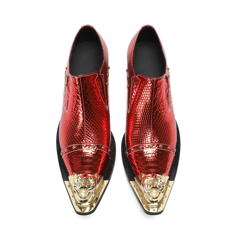 Metal Gold Toe Party Wedding Man Dressing British Genuine Leather Shoes For Men Red Blue Snake Skin High Heels Oxfords Decor