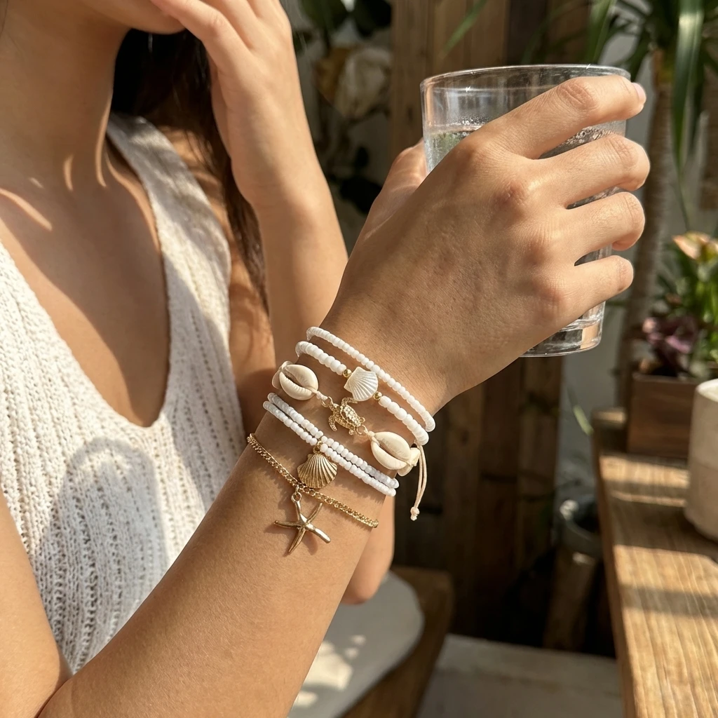 Fashion Starfish Shell Beaded Bracelet Set for Women Boho Imitation Pearl Sea Turtle Charm Elastic Bracelet Summer Jewelry Gift
