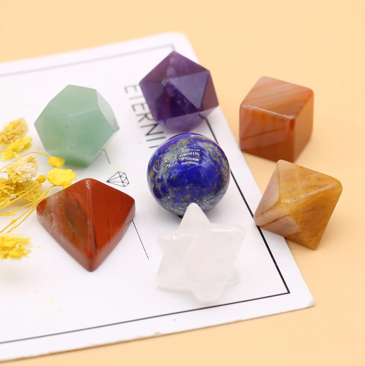 

New Natural Stones Bead Healing Crystal Plantonic Solids Geometry 7 Chakra Clear Quartz Reiki Yoga Energy Stones Set 18x22mm