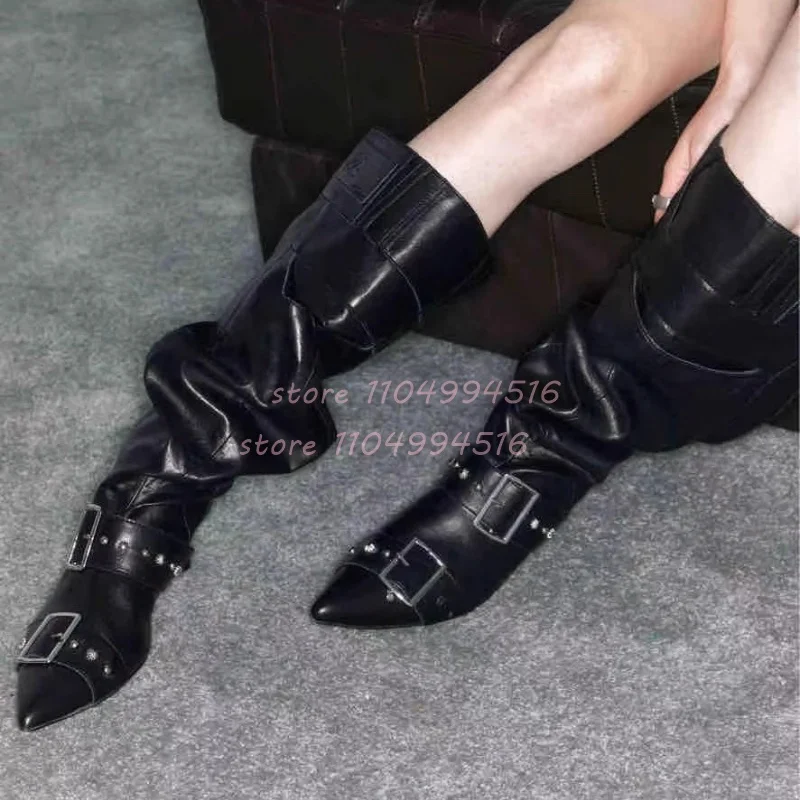 

Black Rivet Leather Pleated Pointed Knee High Boots Women Belt Buckle High Heel Heap Boots Elegant Retro Party Autumn Lady Shoes