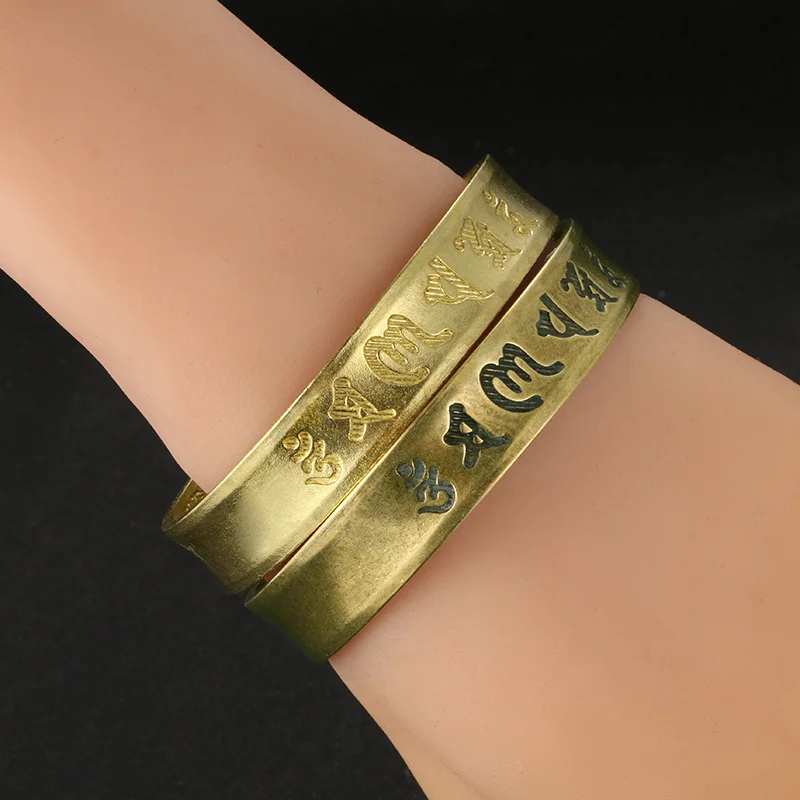 Brass Buddhist Scriptures Cuff Bangles Pure Copper Buddhism Mantra Lucky Bracelets Vintage Adjustable Women Men Hands Jewelry