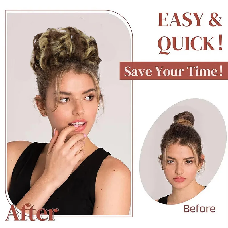 حزم الشعر الاصطناعية البني والأشقر المجعد، الشعر البني الداكن فوضوي، ذيل الشعر غطاء كعكة عالية ذيل حصان تمديد الشعر وهمية