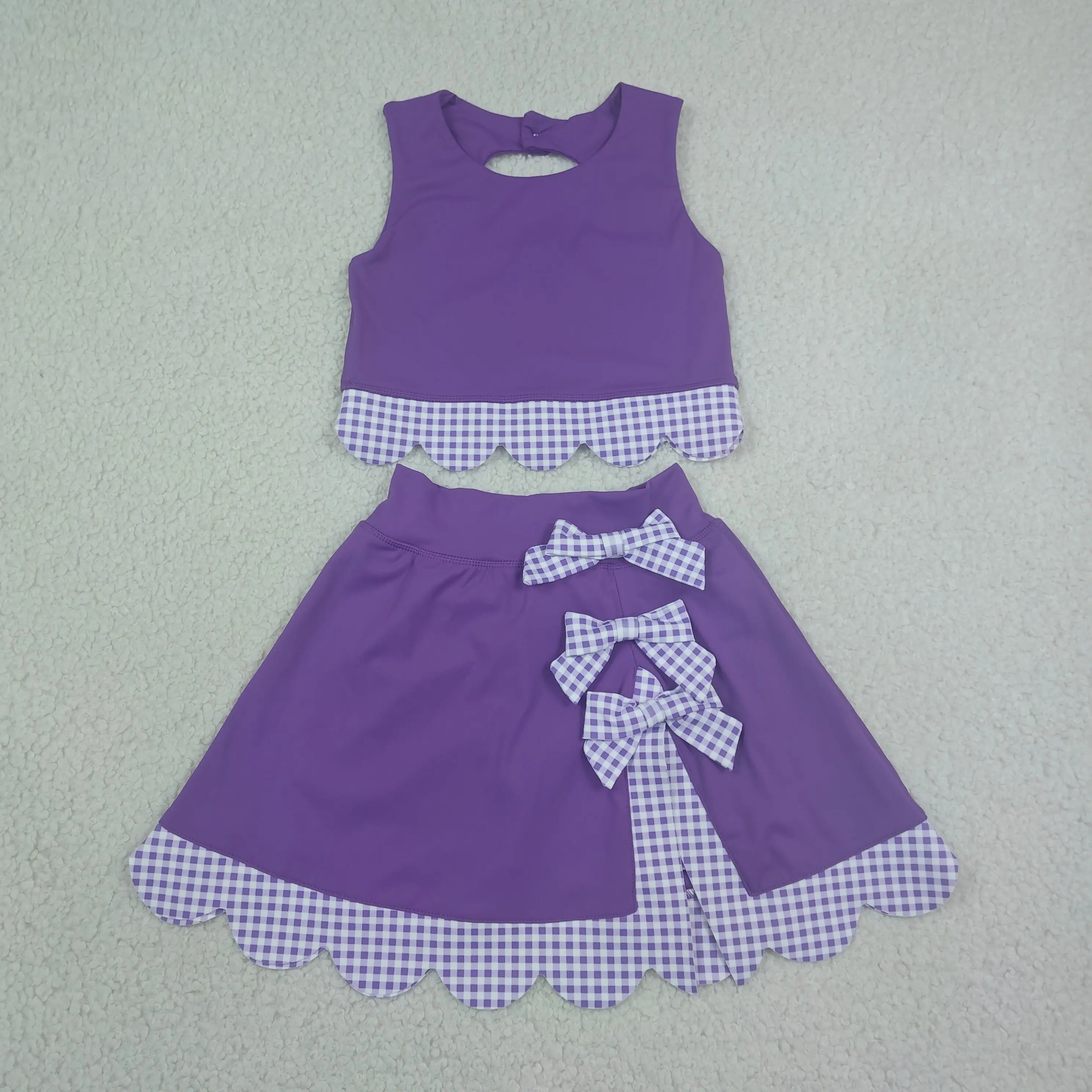 Wholesale Baby Girl Yoga Active Toddler Sleeveless Purple Shirt Plaid Bows Skirt Shorts Kids Skort Set Athletic Summer Clothes