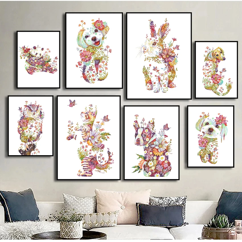 

Colourful Cat Dog Rabbit Tiger Owl Animal Nursery Print Art Canvas Poster For Living Room Decor Home Wall Picture