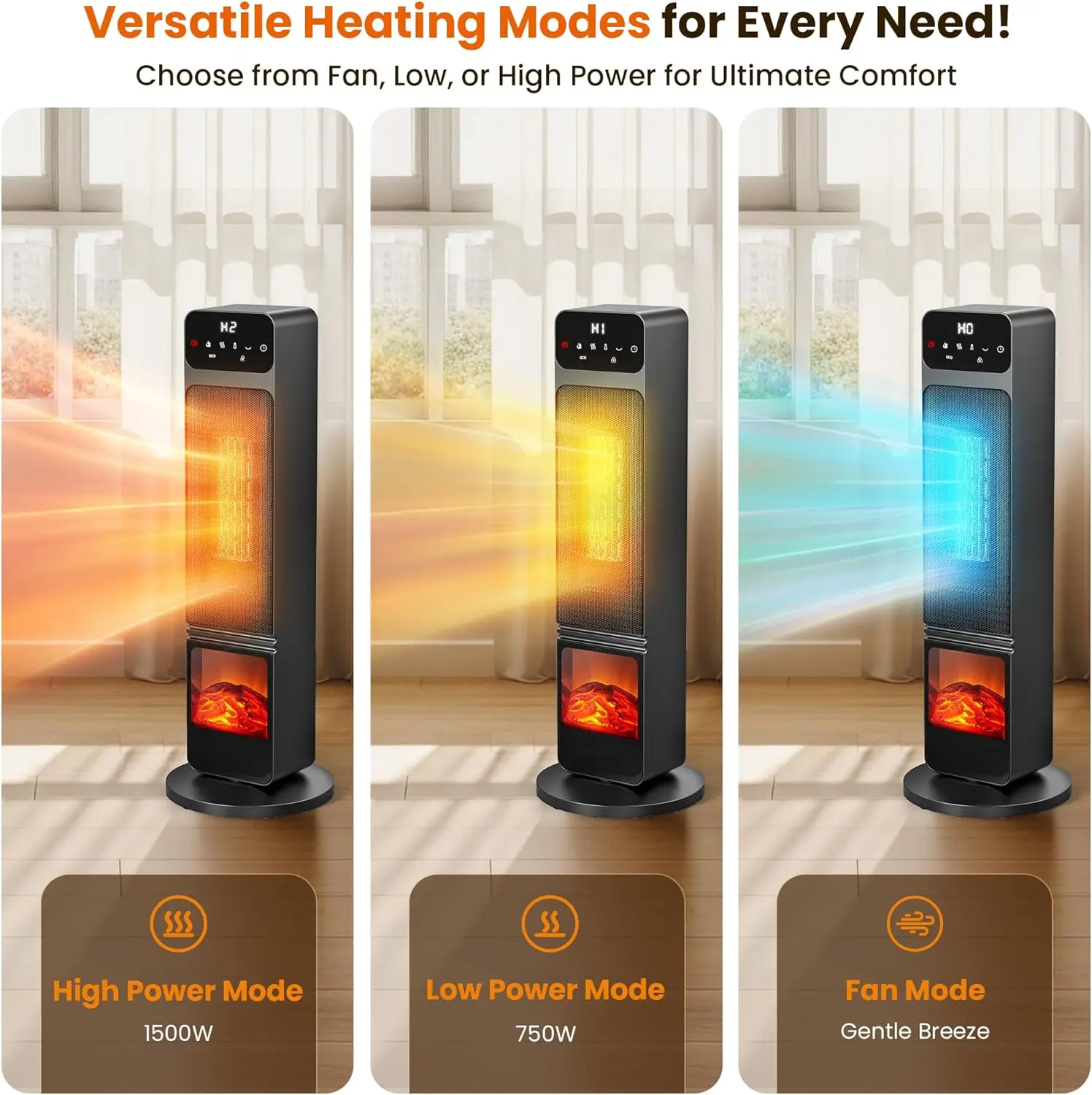 타워 히터 및 팬 콤보, 1500W PTC 전기 벽난로(3D 불꽃 포함), 90 °   진동, 리모컨, 타이머, 어린이 보호 기능, 에코 모드