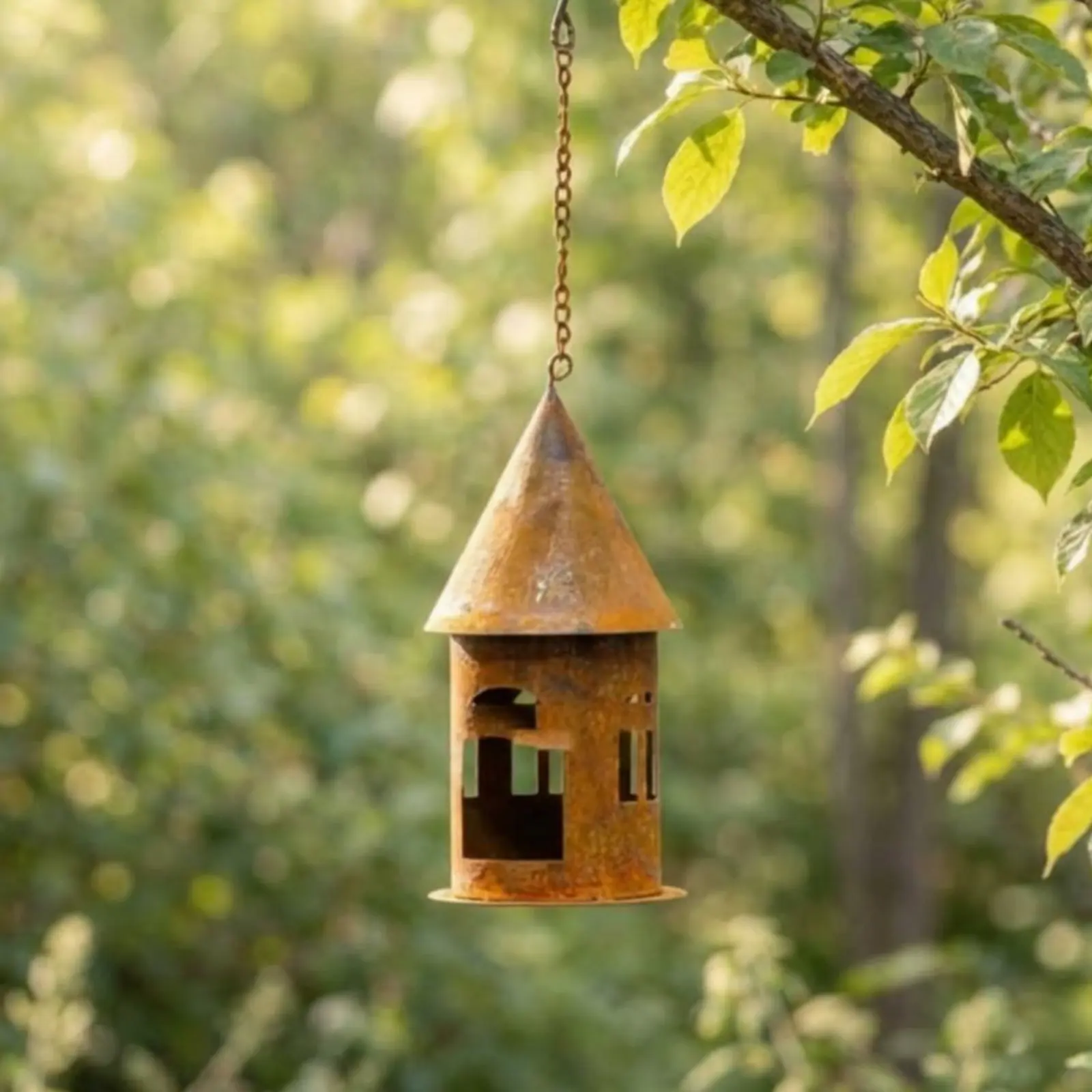Weathered Metal House Lantern Hanging Castle Candle Holder for Patio, Balcony view 2