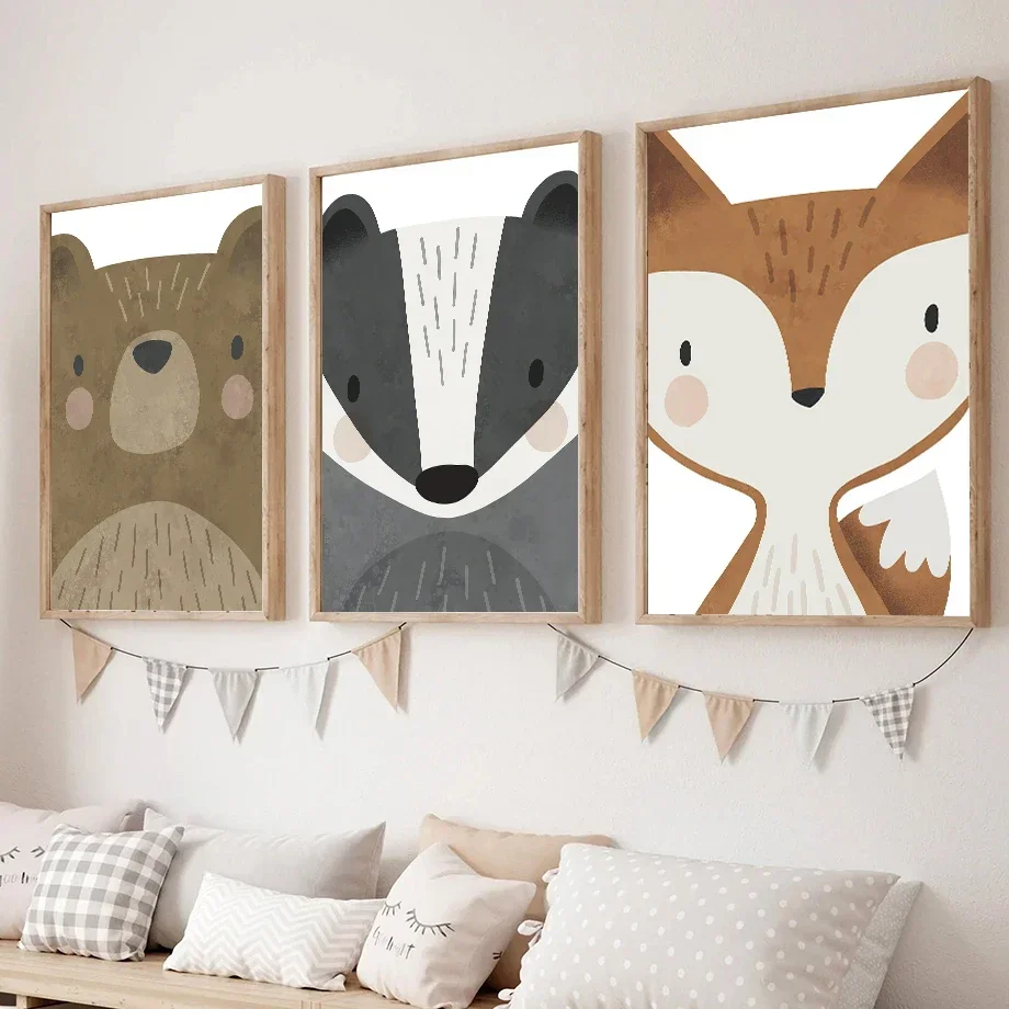 Multi-size 1PC frameless high-definition decorative paintings,Bear Raccoon Deer Fox Rabbit Animal Nursery Wall Art Canvas Painti
