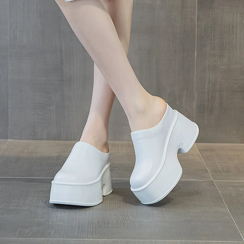 Genuine Leather Open Back Mule Sandals Women Summer Platform Shoes 11cm Height Increase Square Toe view 5
