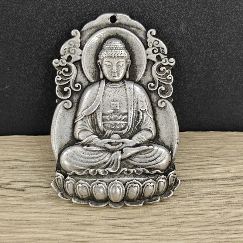 Antique Silver-Plated Feng Shui Bronze Figure Buddha Pendant Double-Sided Three-Dimensional Fortune and Longevity Amulet