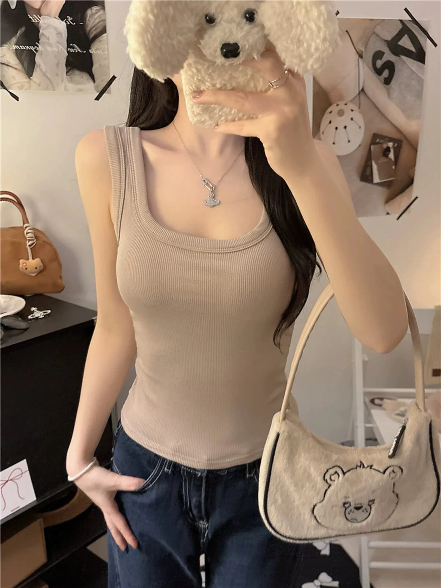 

Women's Integrated Strap Vest Top Summer New Style Slim Fit Outerwear Large Size Inner Match Base Shirt Chest Pad Included