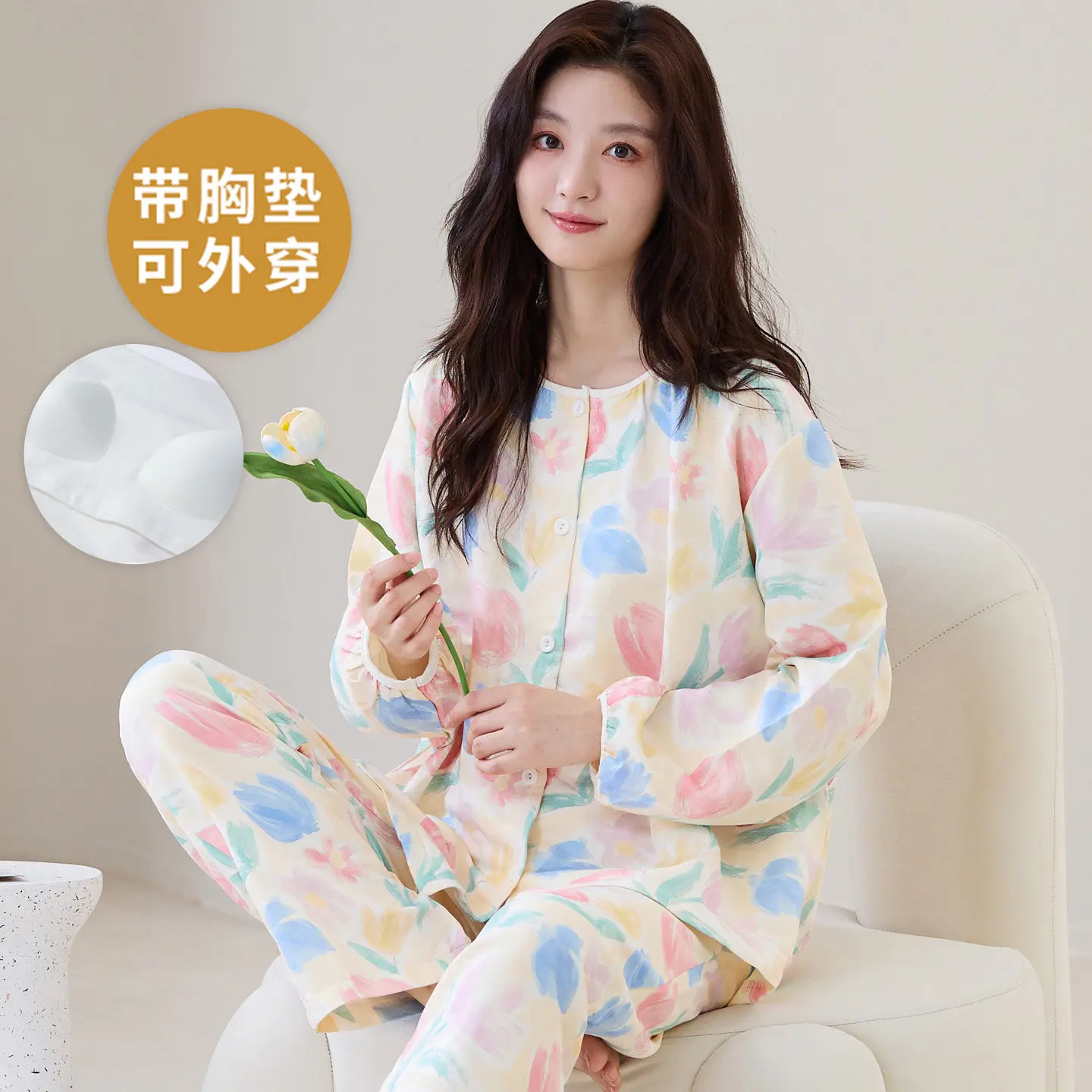 2 Pieces Cardigan Sleepwear with Bra Pad for Women Spring Printed Loungewear Ladies Big Size M-3XL Pjs Pyjamas pijamas de mujer