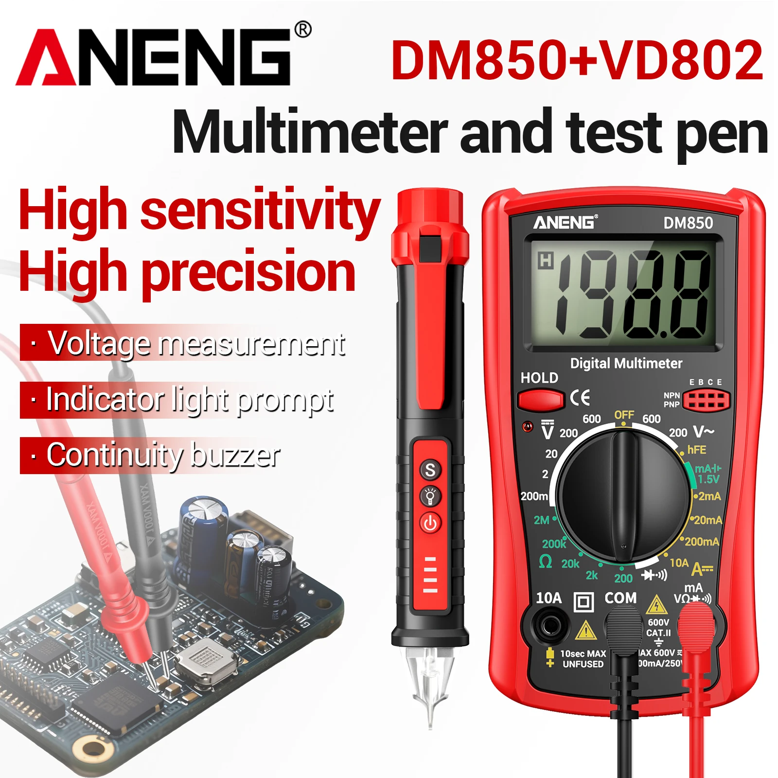 ANENG DM850+VD802 Auto-Inspektionsgeräte-Kit, Anzug, 1999, Zählungen, Tester, Multimeter, Teststift, Spannungsmesser, Kfz-Mechaniker-Werkzeug