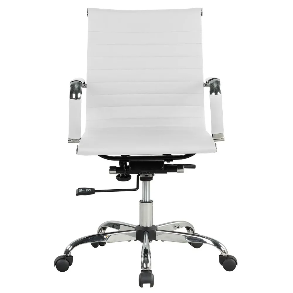 Adjustable Height Furniture White Office Chair Ribbed Back PU Leather Office Chair for Teens and Adults Computer Armchair Chairs