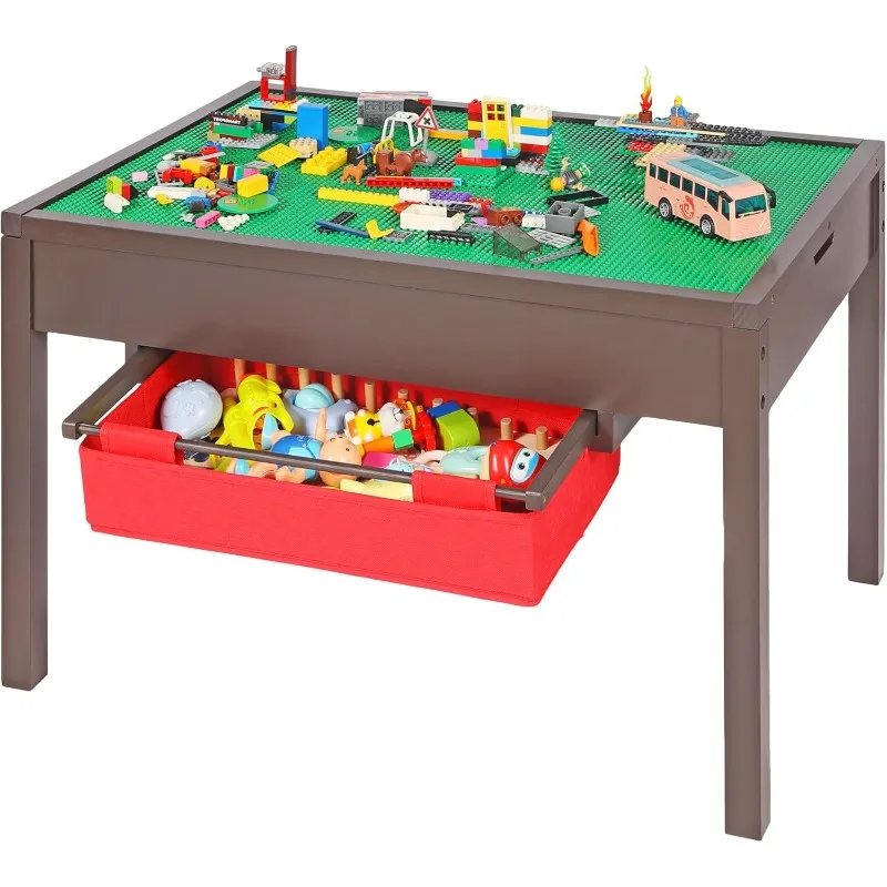 طاولة أنشطة للأطفال 2 في 1 مع أدراج تخزين، وطاولة لعب خشبية مع كتل قابلة للفصل والسبورة #1