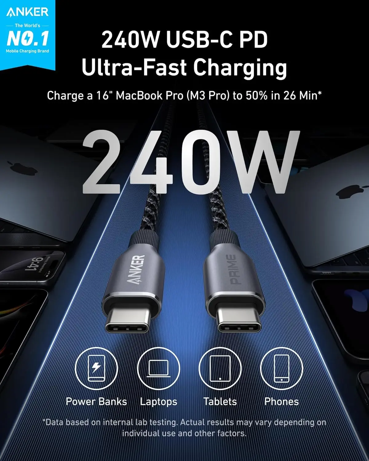 Anker Prime USB C to USB C Cable, 240W 3ft/6ft Fast Charging USB C Cable, Upcycled-Braided Nylon With 100-Year Bend Durability