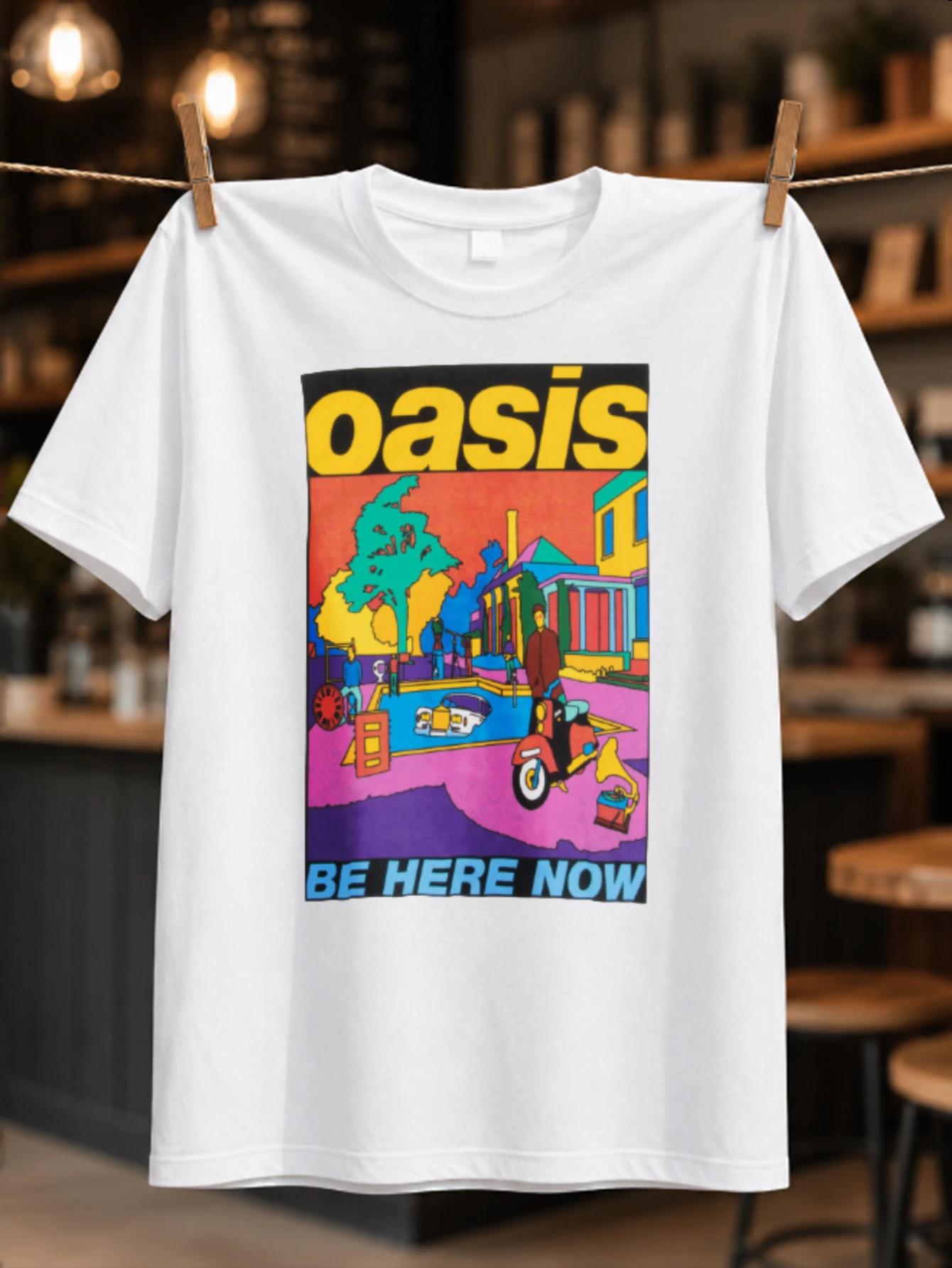 Oasis Be Here Now colorful scenic album style art with scooter flowers and dreamy Britpop mood  Unisex All T-Shirt