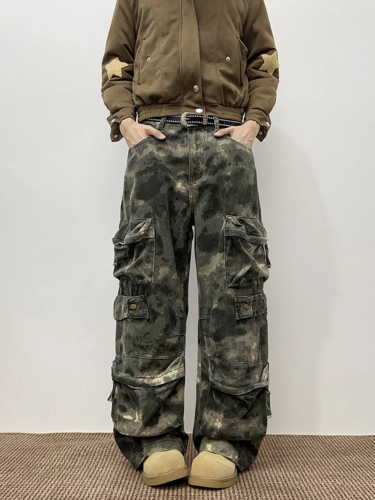 Heavyweight Washed Camouflage Knife  Jeans Casual Wide Leg Workwear Pants Straight Cut for Men And Women Slimming Effect