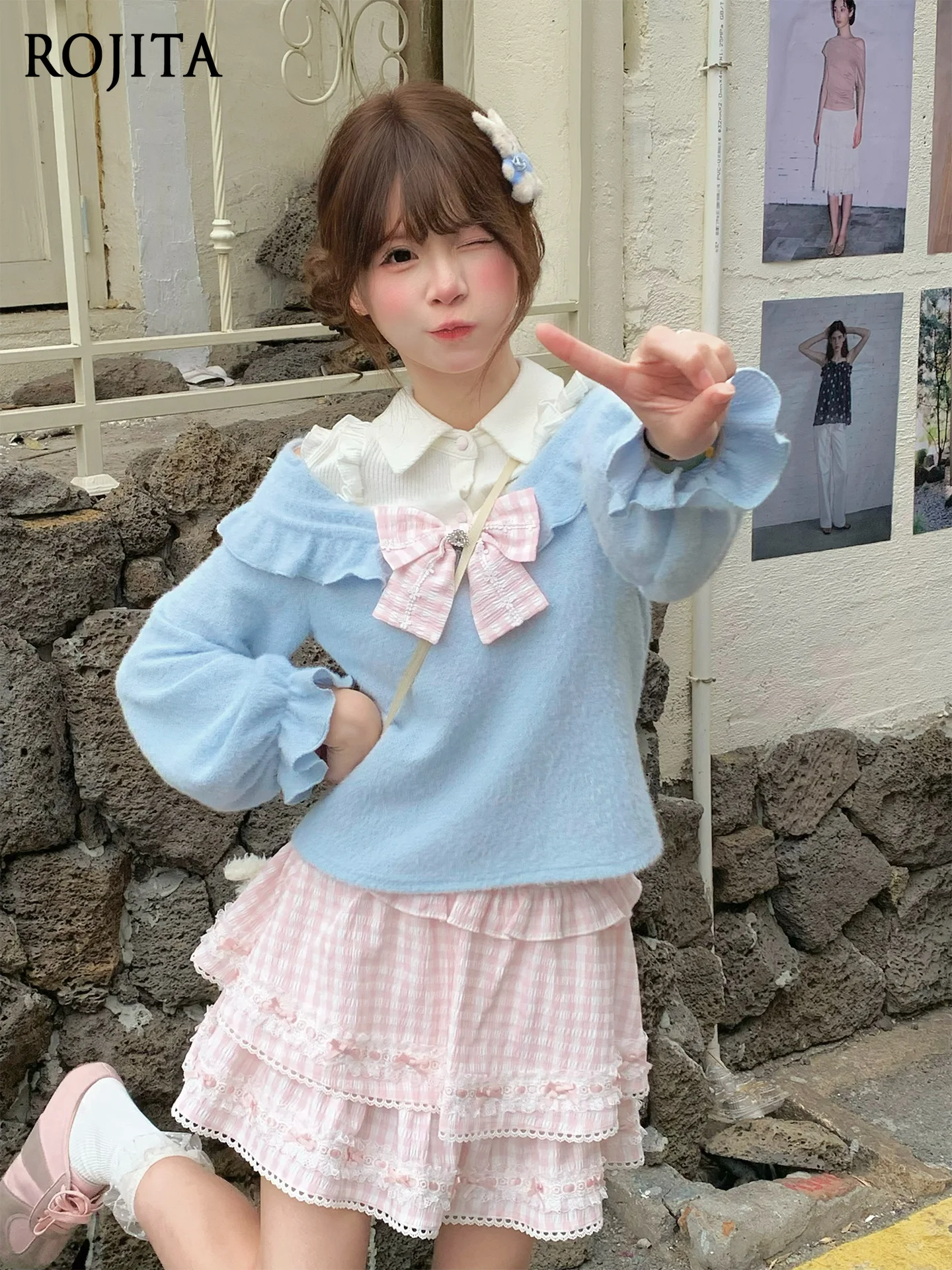 

Pink Blue Bow Ruffle Two Piece Outfit Sweet Girl Blue Off-the-shoulder Plush Knitted Top + Pink and White Plaid Cake Skirt