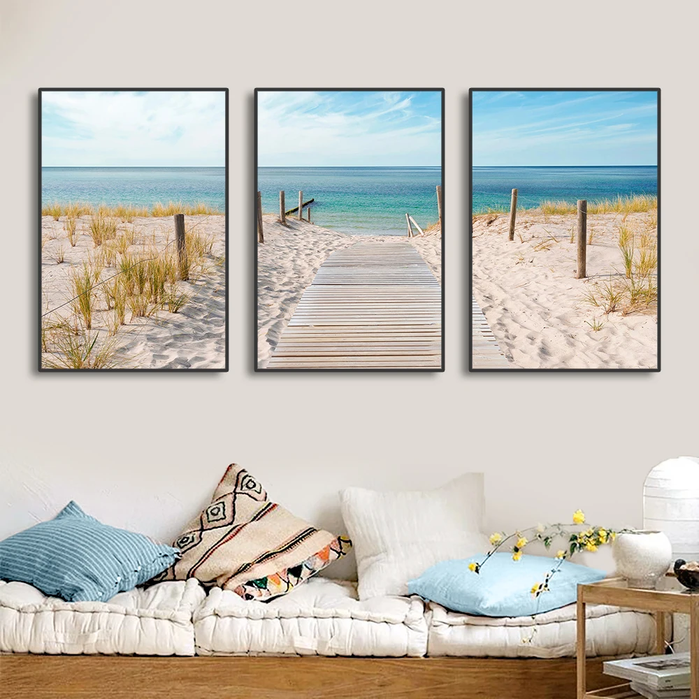 3PCS Moden Seascape Canvas Painting Towards The Sea Posters and Prints Wall Art Decorative Beach Pictures for Living Room Home