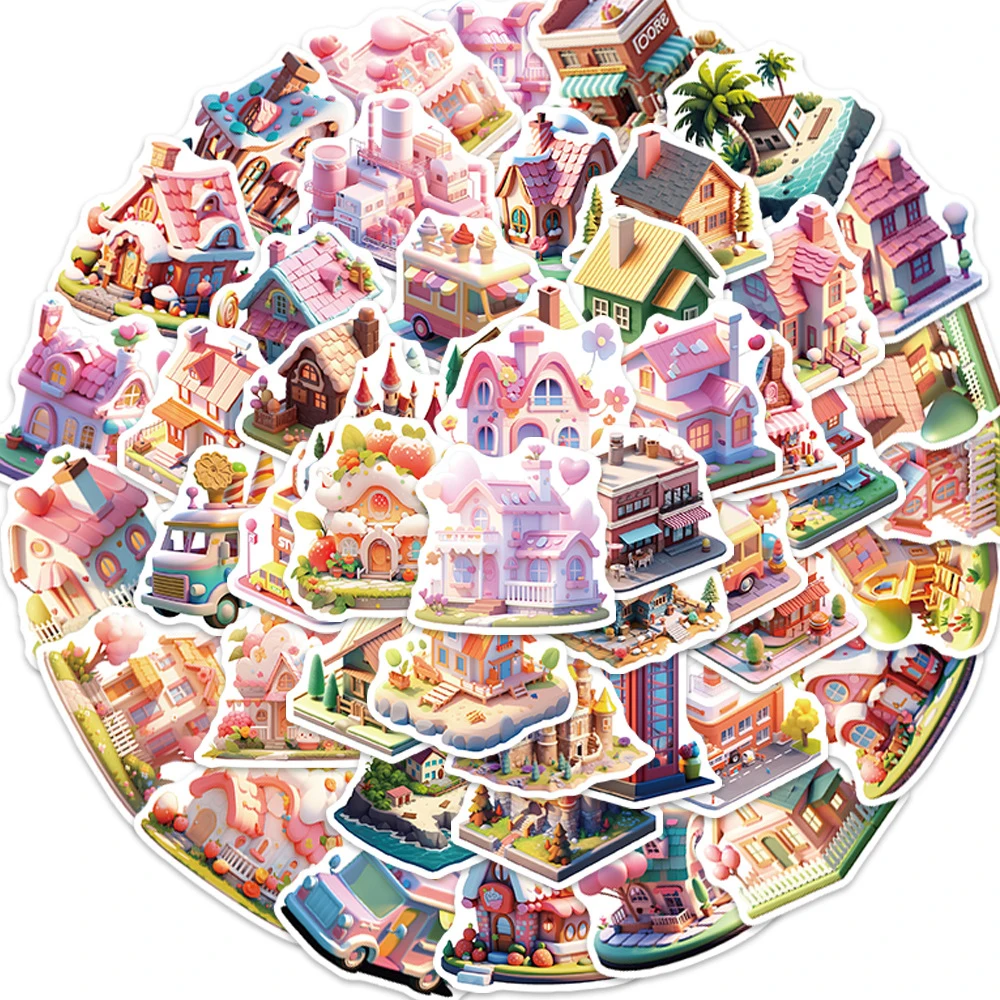 10/30/50pcs Cute 3D World City Building Aesthetic Stickers Cartoon Scrapbook Laptop Phone Diary Graffiti Sticker Decals Kids Toy