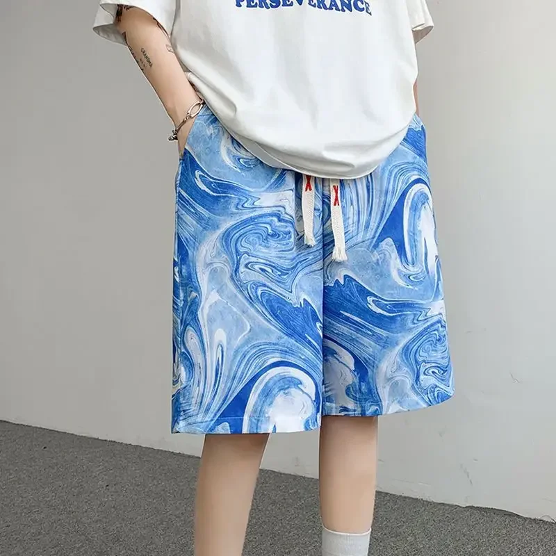 

Мужские короткие брюки с цветочным принтом и широкими шнурками, синие мешковатые мужские шорты, свободные с карманами, винтажная уличная одежда с принтом Ice, новинка Xl