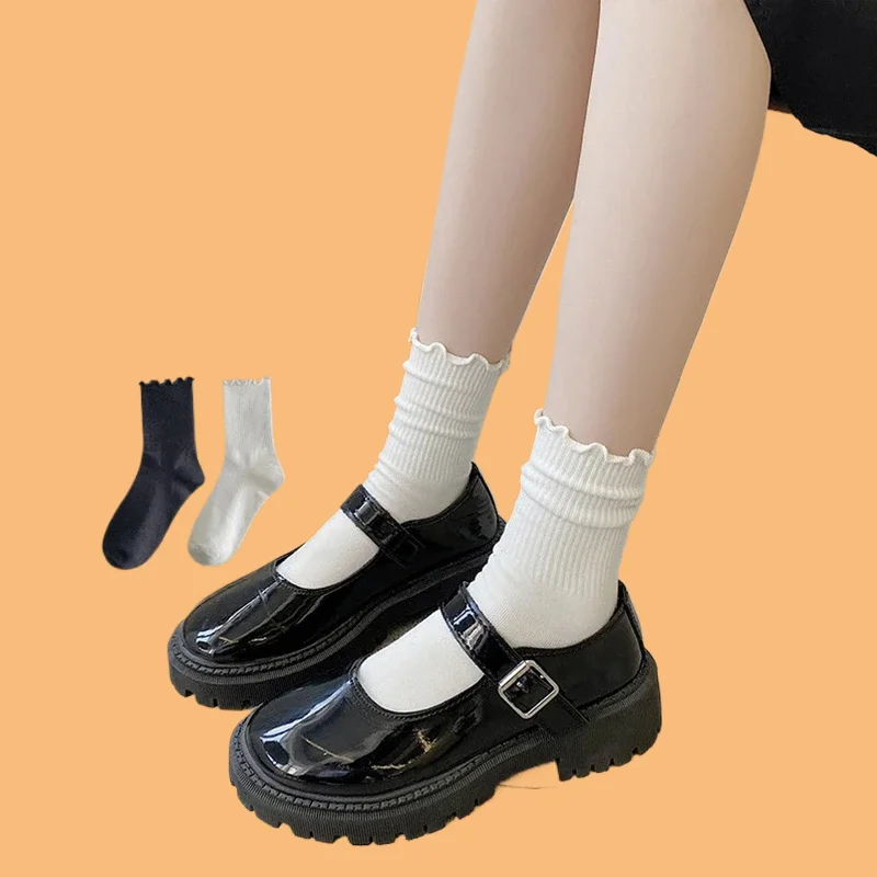 5 Pairs Black White Novelty Funny Ankle Socks Cute Solid Cotton Breathable Fashion Crew Sock Women Ruffle Frilly Socks