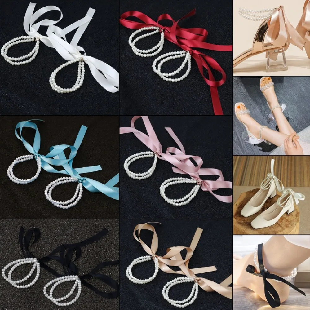 1pair Fashion Colorful Ribbon Bow Anklet High Heels Sandal Decoration Gift Pearls Foot Chain Double Layered Anklet