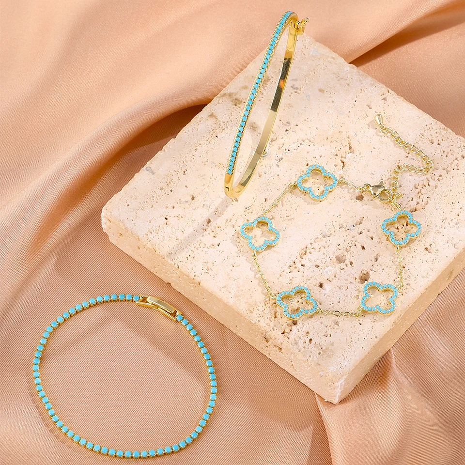 Yupsk 3 قطعة/1 قطعة تصميم المتخصصة الفيروز أربع أوراق زهرة تكويم سوار أساور للنساء مجوهرات رائعة هدية بالجملة