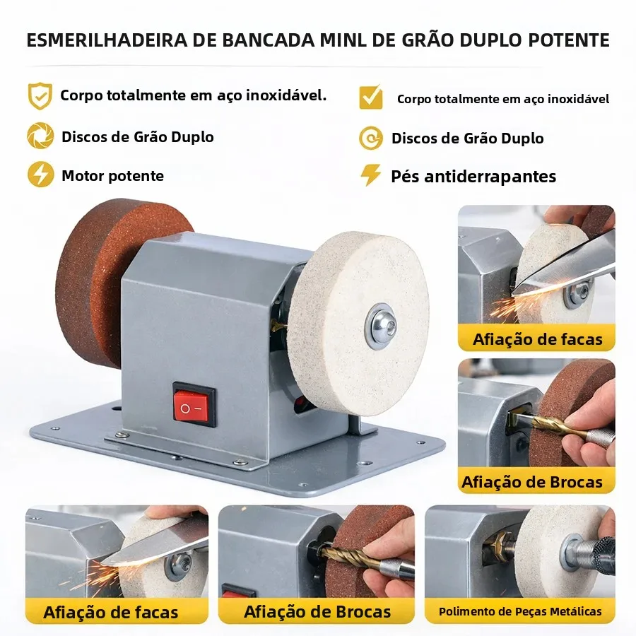 Mini Esmerilhadeira Elétrica, Corpo em Aço Inoxidável, Disco Grosso e Fino, Máquina de Moer Multifuncional